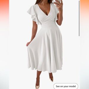 LYANER Women's V Neck Ruffle Short Sleeve Flared Cocktail Party Midi Dress